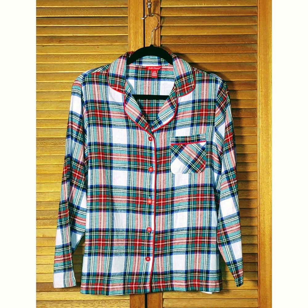 100% Cotton Womens Tratan Plaid Pajama Top Red Green Blue White Holiday - Size L - Picture 2 of 7